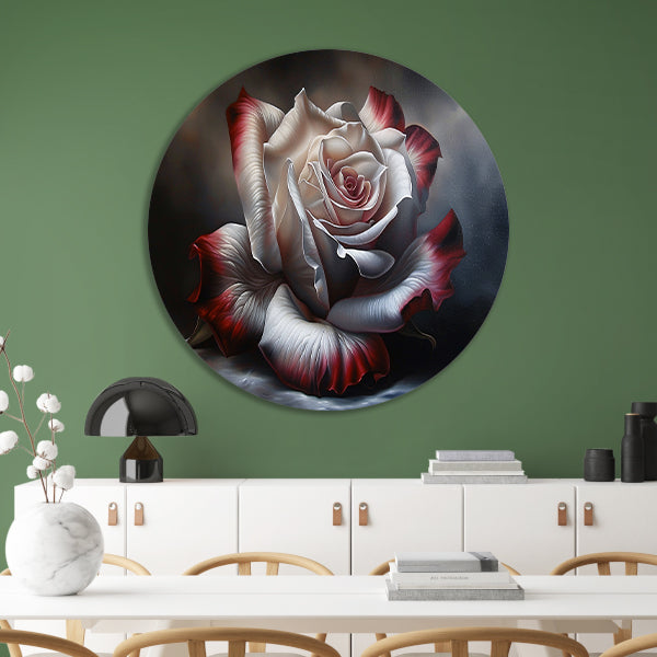 Prachtige moderne schilderij van een roos aluminium muurcirkel