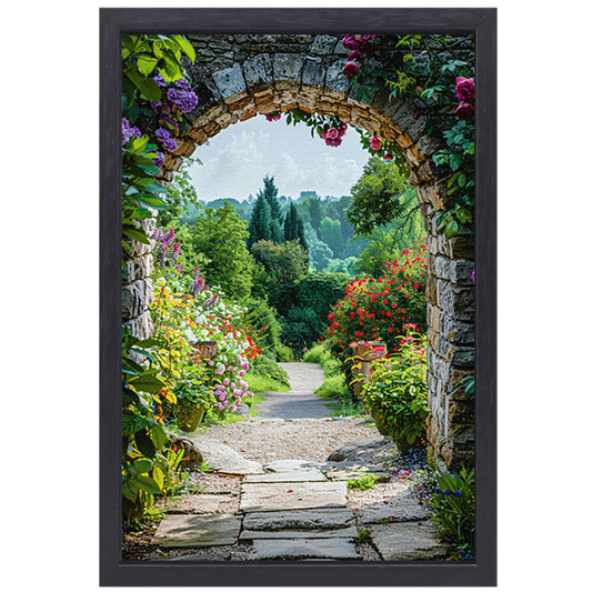 Betoverende boogpoort met kleurrijke bloemen canvas met baklijst