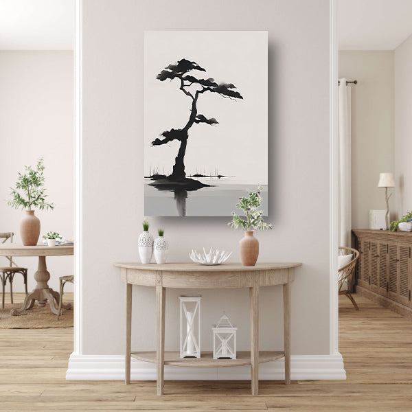 Minimalistische zwarte boom boven water poster
