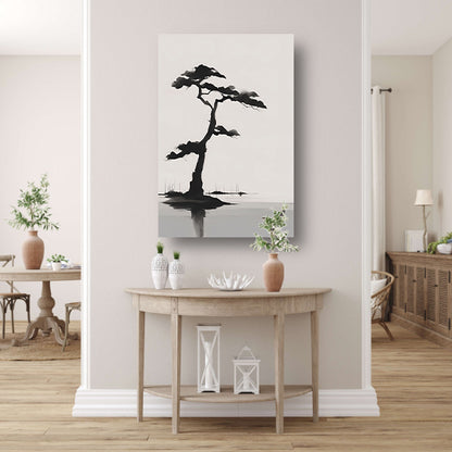 Minimalistische zwarte boom boven water poster