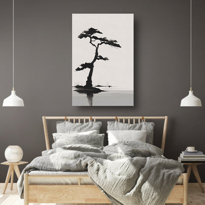 Minimalistische zwarte boom boven water canvas