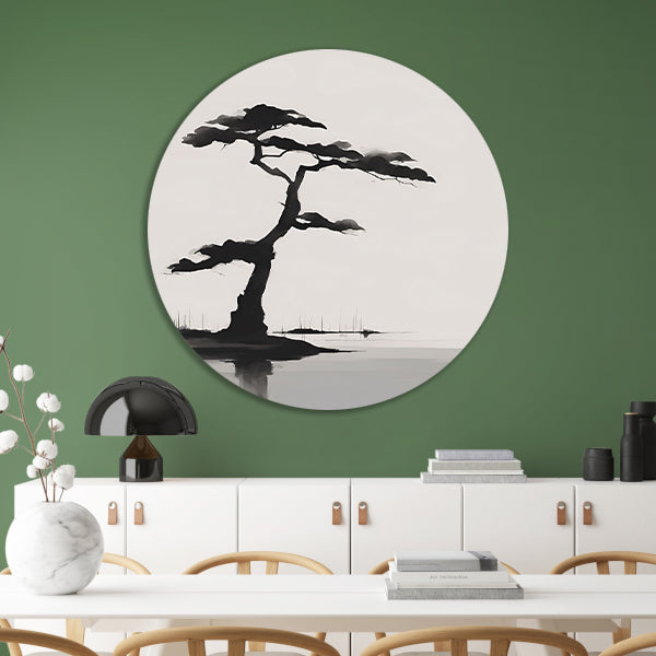 Minimalistische zwarte boom boven water aluminium muurcirkel