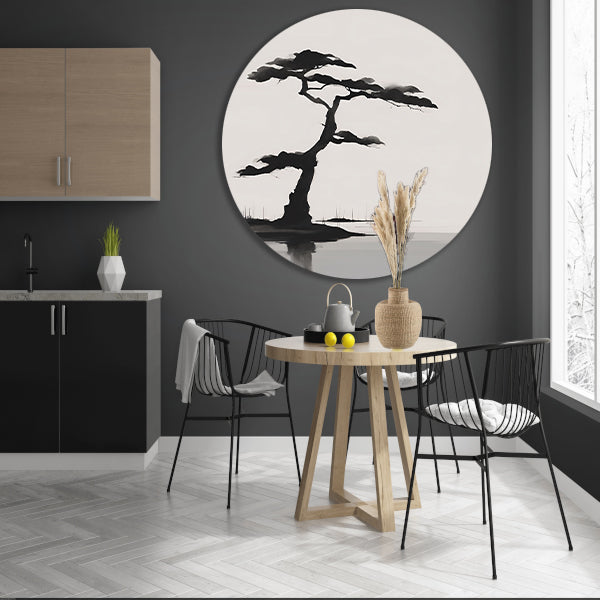 Minimalistische zwarte boom boven water aluminium muurcirkel