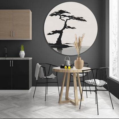 Minimalistische zwarte boom boven water aluminium muurcirkel