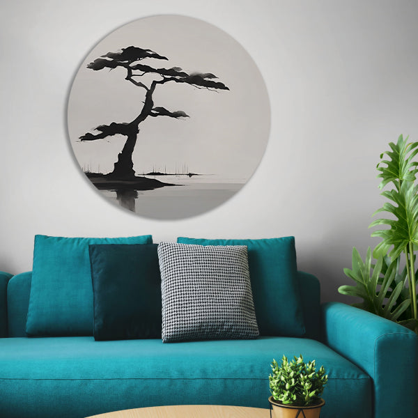 Minimalistische zwarte boom boven water aluminium muurcirkel