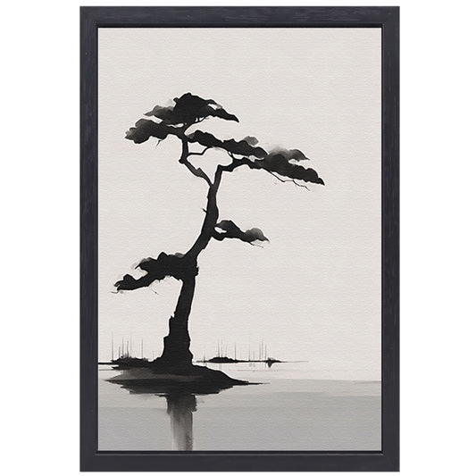 Minimalistische zwarte boom boven water canvas met baklijst