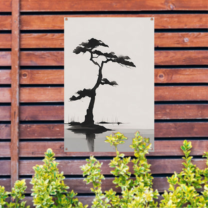 Minimalistische zwarte boom boven water tuinposter