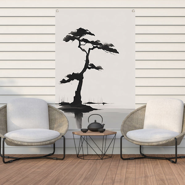 Minimalistische zwarte boom boven water tuinposter