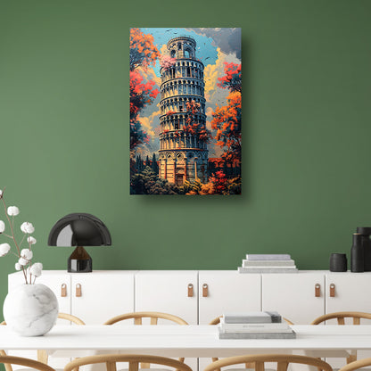 Herfstkleuren bij de Toren van Pisa canvas met baklijst