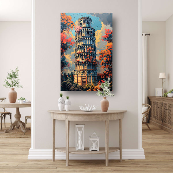 Herfstkleuren bij de Toren van Pisa canvas met baklijst