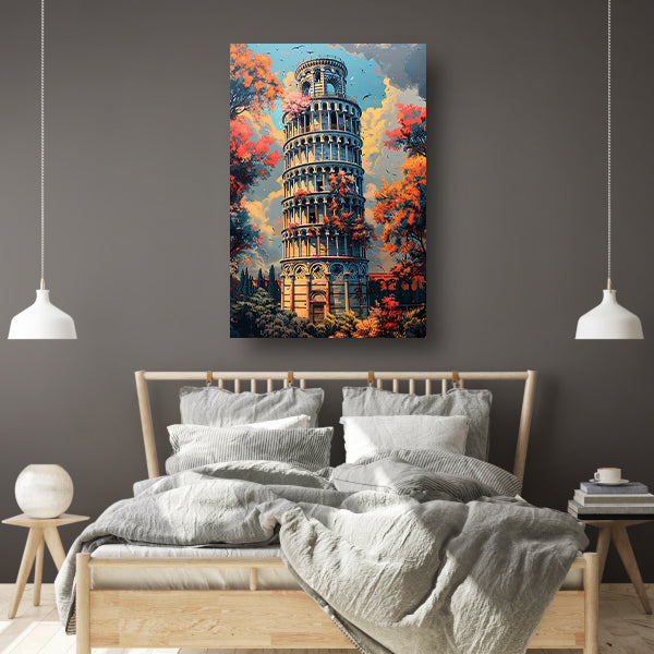 Herfstkleuren bij de Toren van Pisa canvas met baklijst