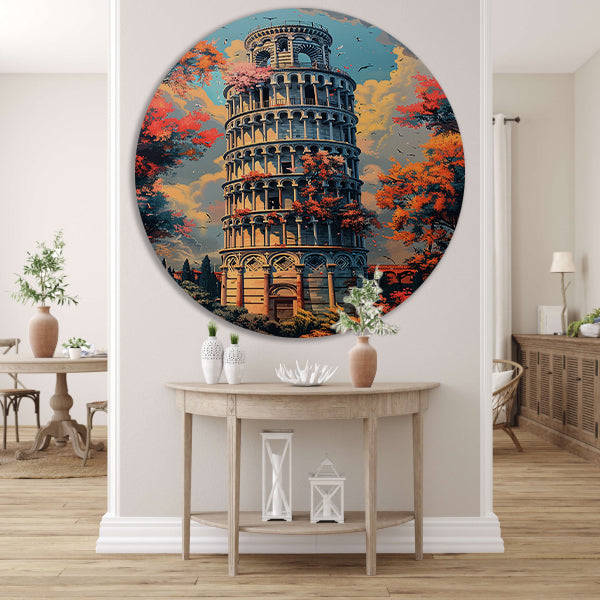 Herfstkleuren bij de Toren van Pisa aluminium muurcirkel