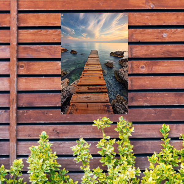Rustige ochtend op een houten steiger bij de zee tuinposter