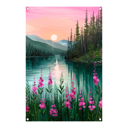 Roze zonsondergang bij rustig bergmeer met bloemen tuinposter