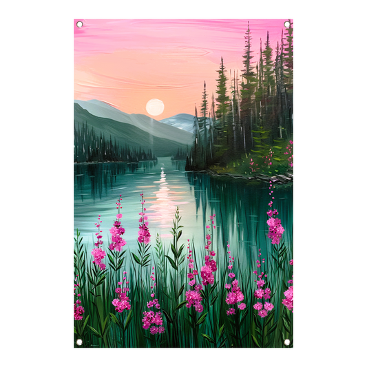 Roze zonsondergang bij rustig bergmeer met bloemen tuinposter