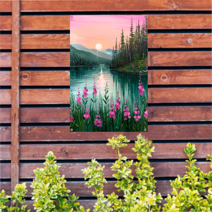 Roze zonsondergang bij rustig bergmeer met bloemen tuinposter