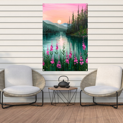 Roze zonsondergang bij rustig bergmeer met bloemen tuinposter