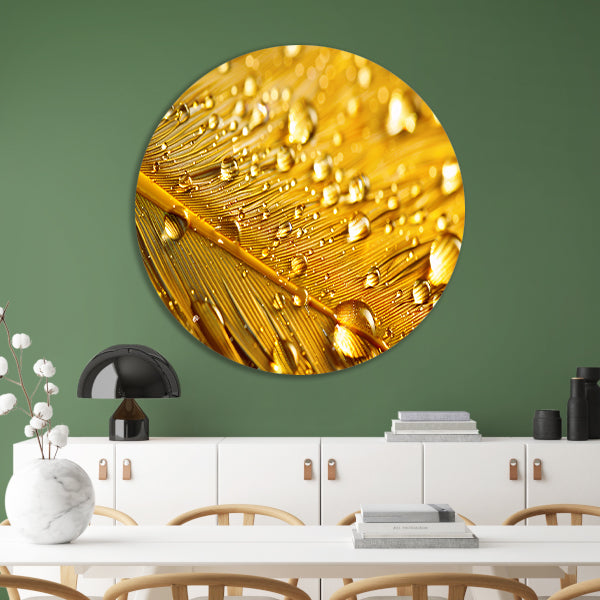 Gouden blad met waterdruppels aluminium muurcirkel