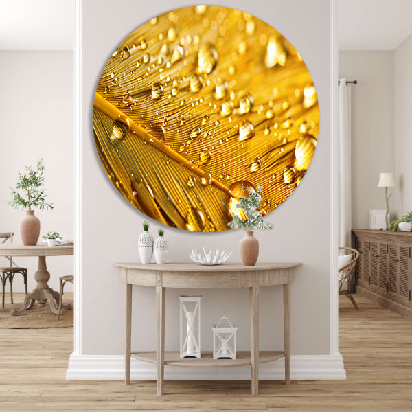 Gouden blad met waterdruppels aluminium muurcirkel
