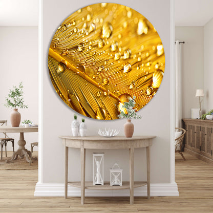 Gouden blad met waterdruppels aluminium muurcirkel