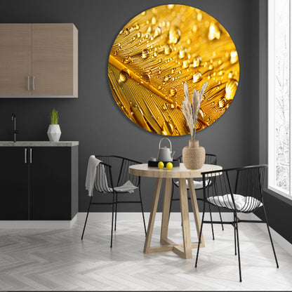 Gouden blad met waterdruppels aluminium muurcirkel