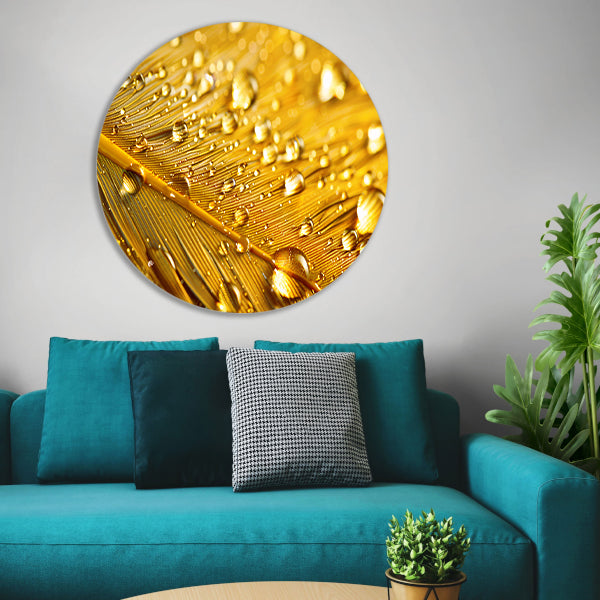 Gouden blad met waterdruppels aluminium muurcirkel