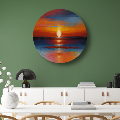 Levendige zonsondergang zee oranje reflecties aluminium muurcirkel
