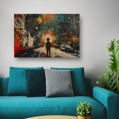 Silhouet tegen een oranje nachtlucht poster