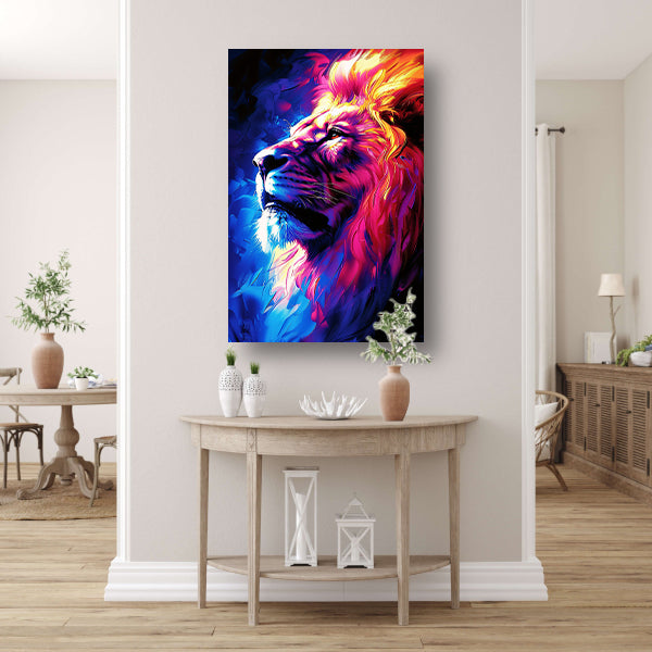 Abstract schilderij van een kleurrijke leeuw canvas met baklijst