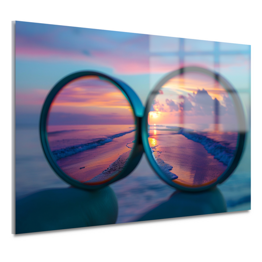 Reflectie van zonsondergang in brilglazen acrylglas
