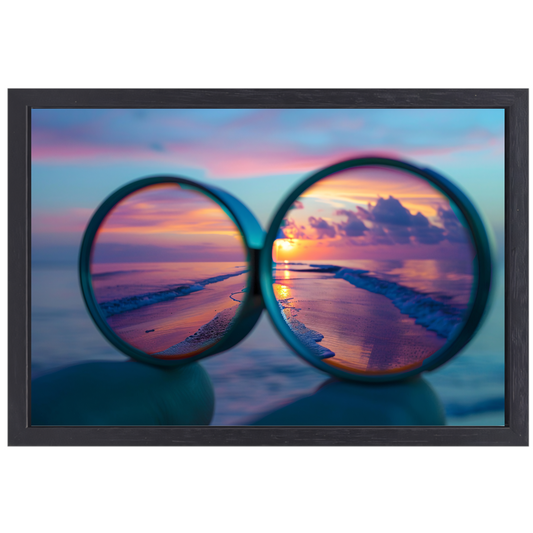 Reflectie van zonsondergang in brilglazen canvas met baklijst