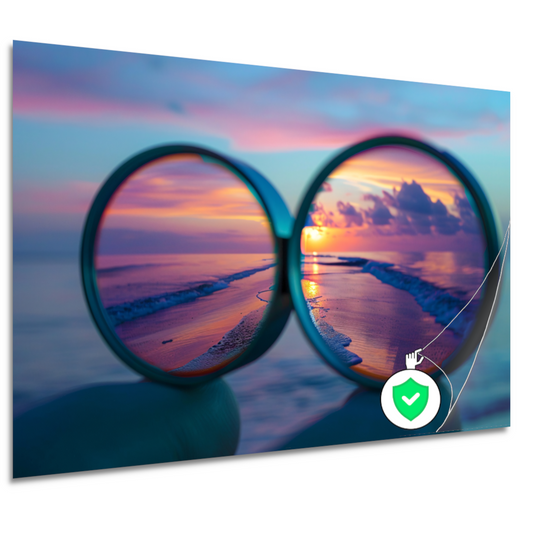Reflectie van zonsondergang in brilglazen poster