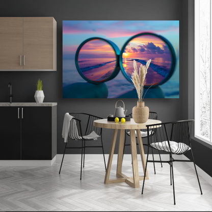 Reflectie van zonsondergang in brilglazen acrylglas