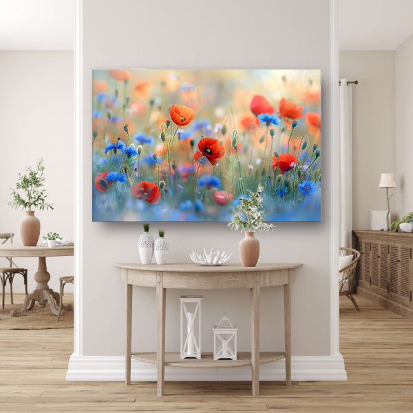 Een sereen veld van bloemen in pastelkleuren acrylglas