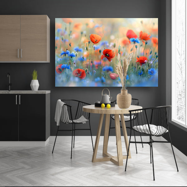 Een sereen veld van bloemen in pastelkleuren acrylglas