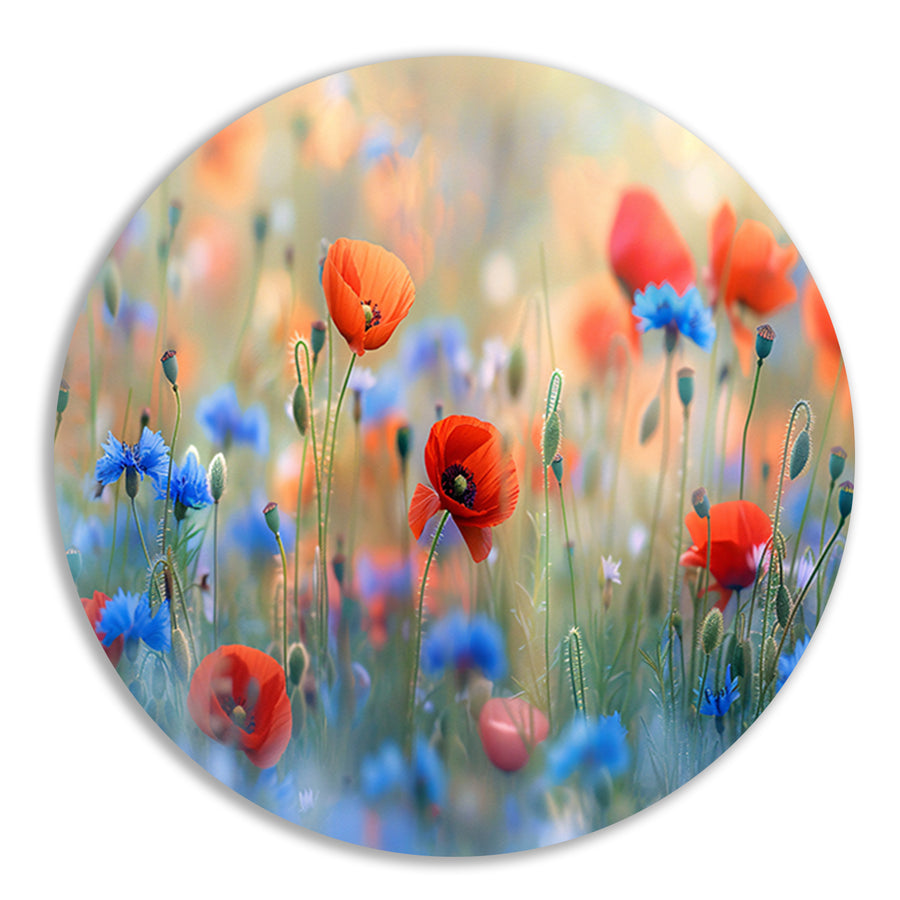 Een sereen veld van bloemen in pastelkleuren aluminium muurcirkel