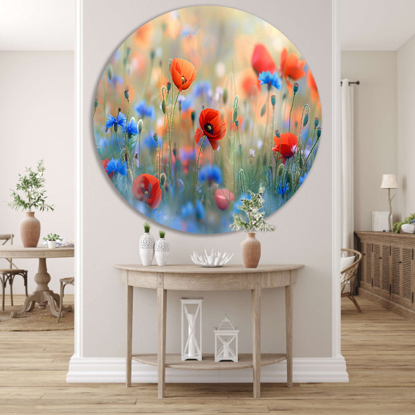 Een sereen veld van bloemen in pastelkleuren forex muurcirkel
