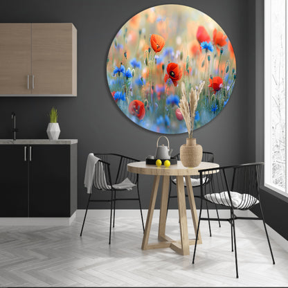 Een sereen veld van bloemen in pastelkleuren forex muurcirkel