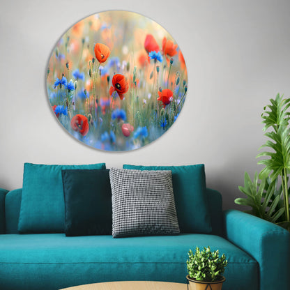 Een sereen veld van bloemen in pastelkleuren forex muurcirkel