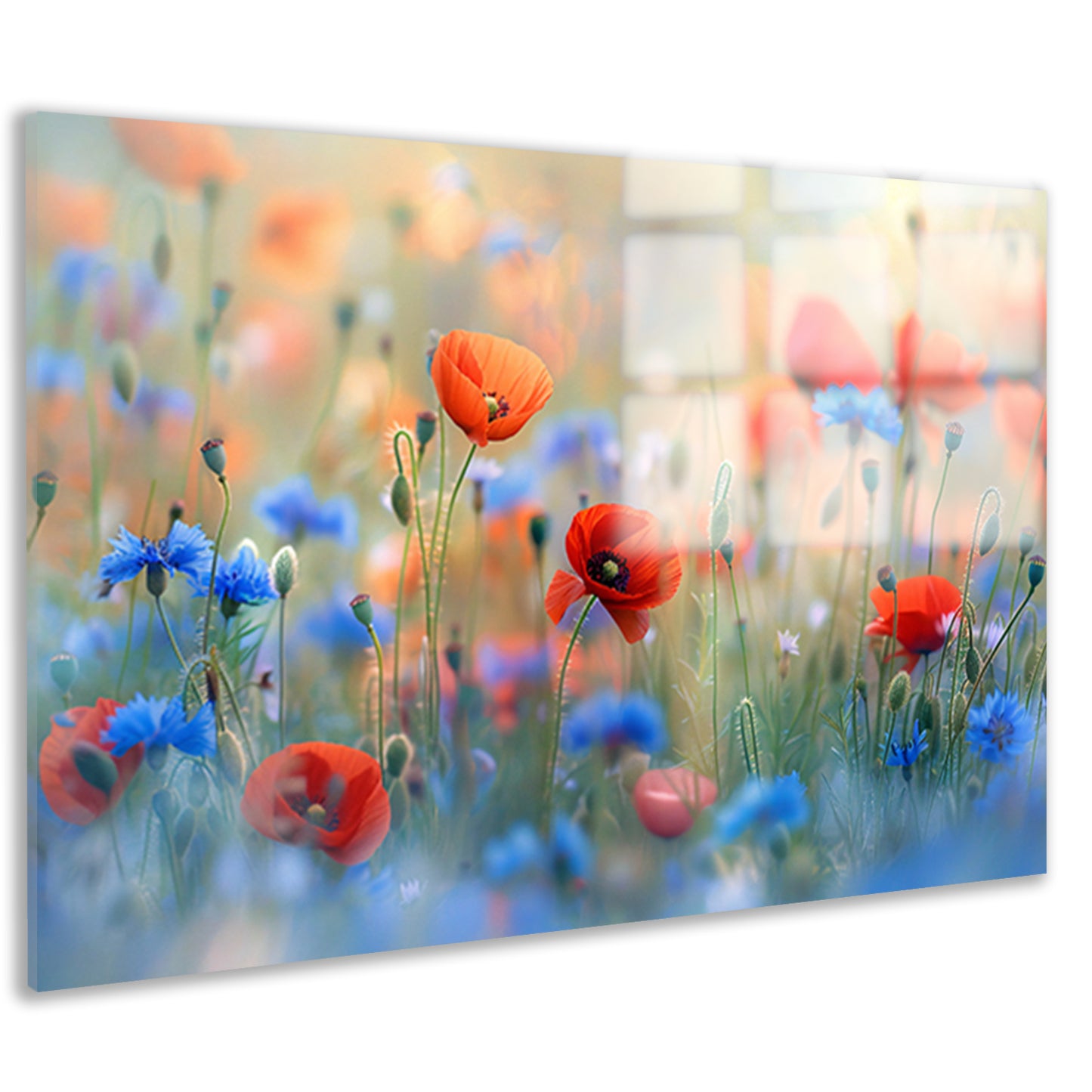 Een sereen veld van bloemen in pastelkleuren acrylglas