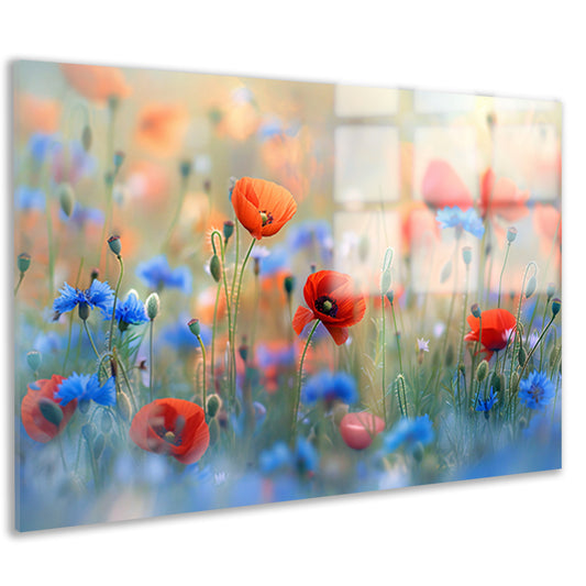 Een sereen veld van bloemen in pastelkleuren acrylglas