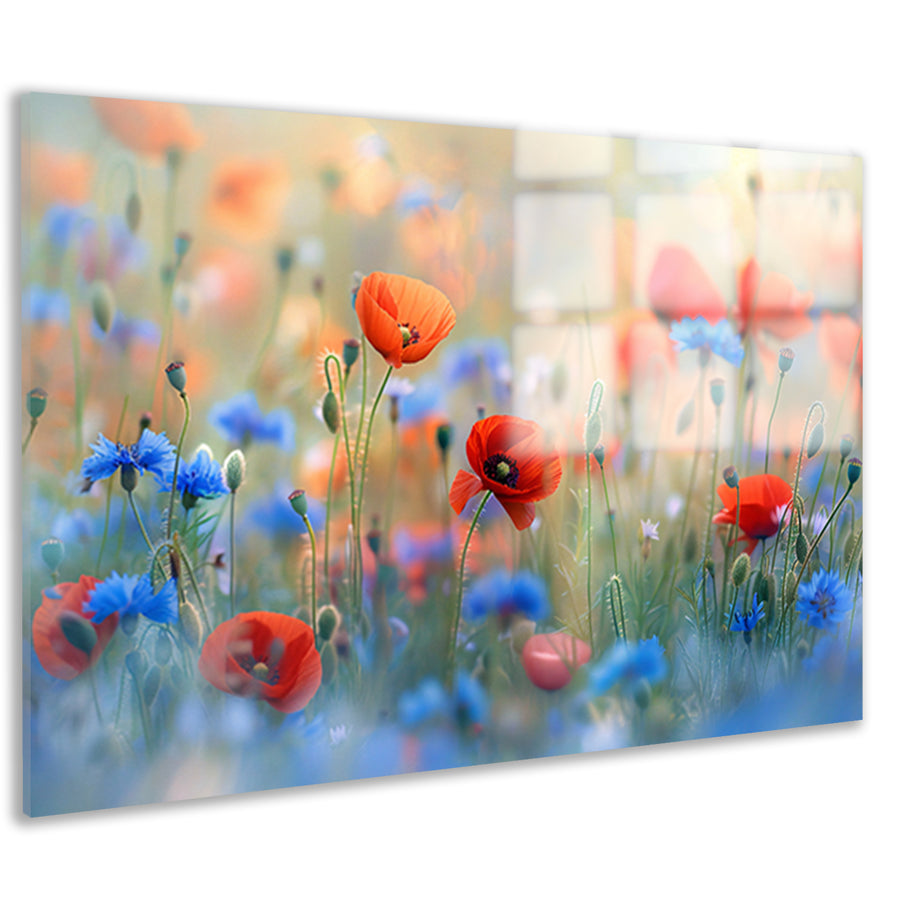 Een sereen veld van bloemen in pastelkleuren acrylglas