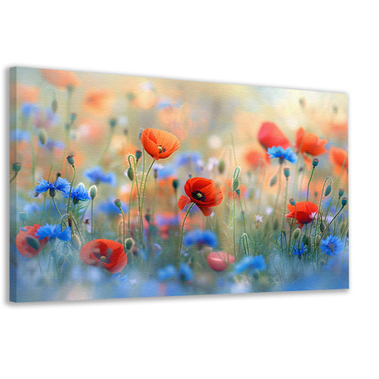 Een sereen veld van bloemen in pastelkleuren canvas