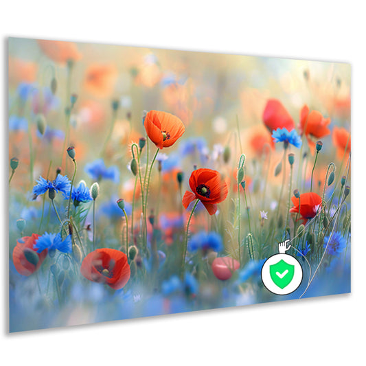 Een sereen veld van bloemen in pastelkleuren poster