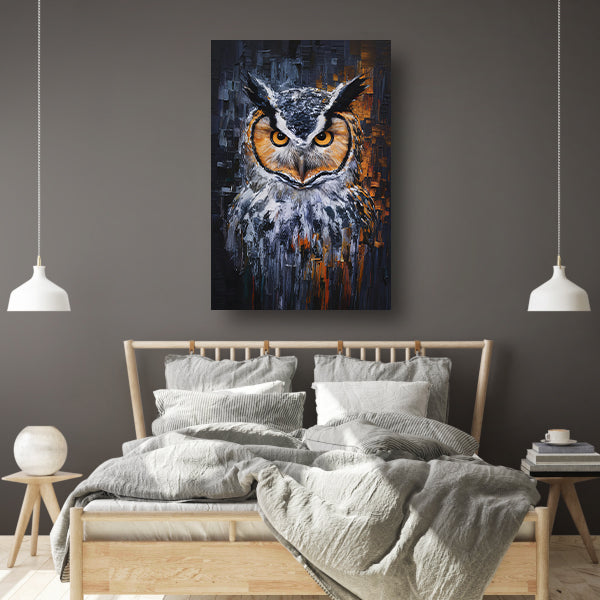 De Intense Blik van een Kleurrijke Uil canvas
