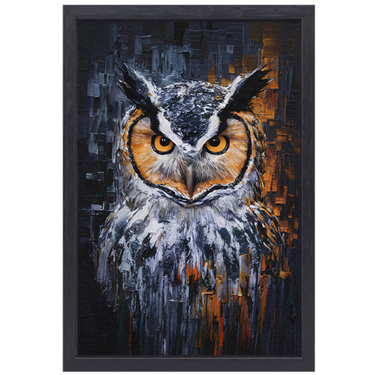 De Intense Blik van een Kleurrijke Uil canvas met baklijst