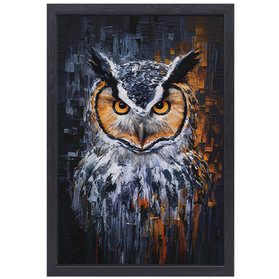 De Intense Blik van een Kleurrijke Uil canvas met baklijst
