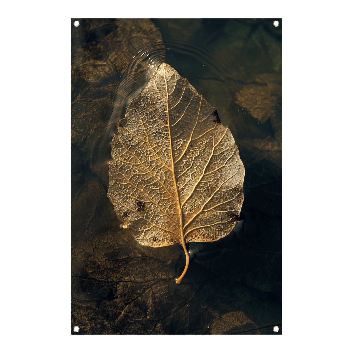 Blad met gouden nerven drijft op donker water tuinposter