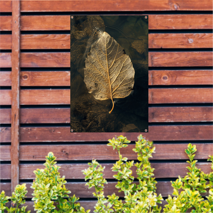 Blad met gouden nerven drijft op donker water tuinposter