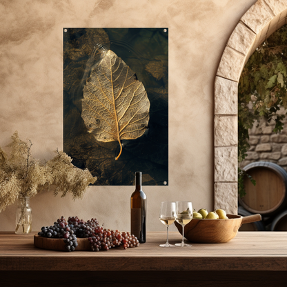 Blad met gouden nerven drijft op donker water tuinposter